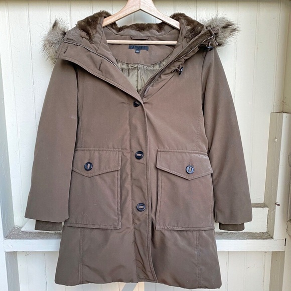 Uniqlo Ultra Warm Down Parka Heat Tech Olive Jacket Fur Hood Coat Sz S LIKE NEW - Picture 1 of 5